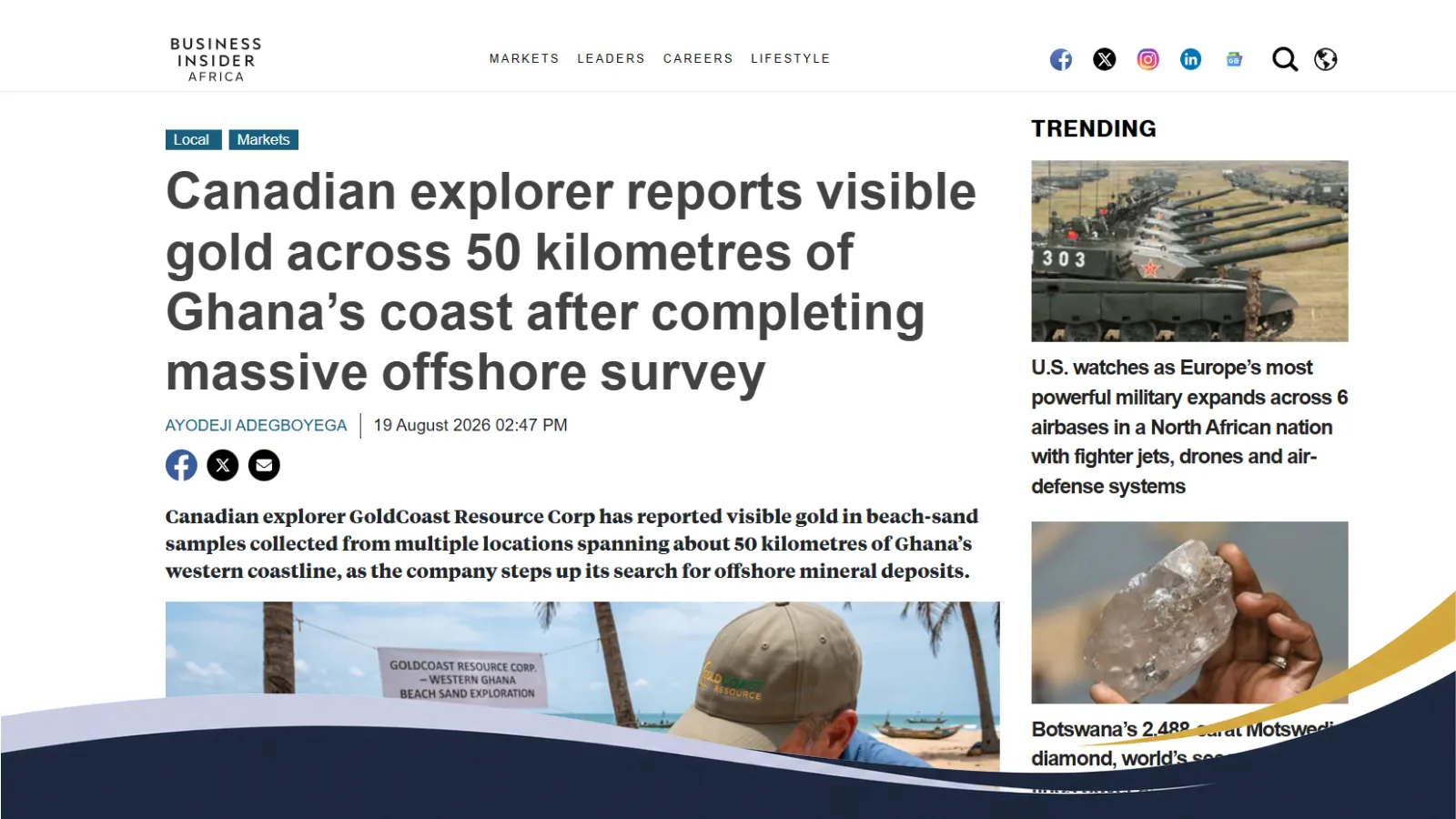 Business Insider Africa article page reporting visible gold across 50 kilometres of Ghana's coast, framed by the GoldCoast Resource Corp. wave graphic