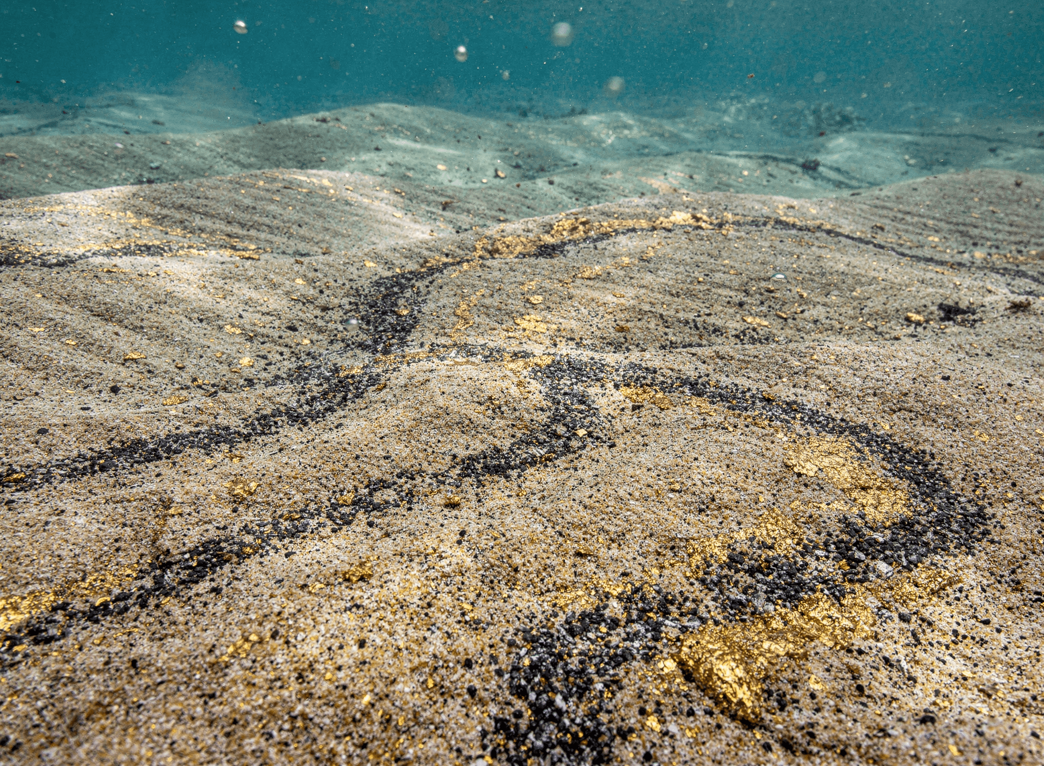 Gold flakes and dark heavy-mineral streaks in sandy seabed sediment beneath clear shallow water